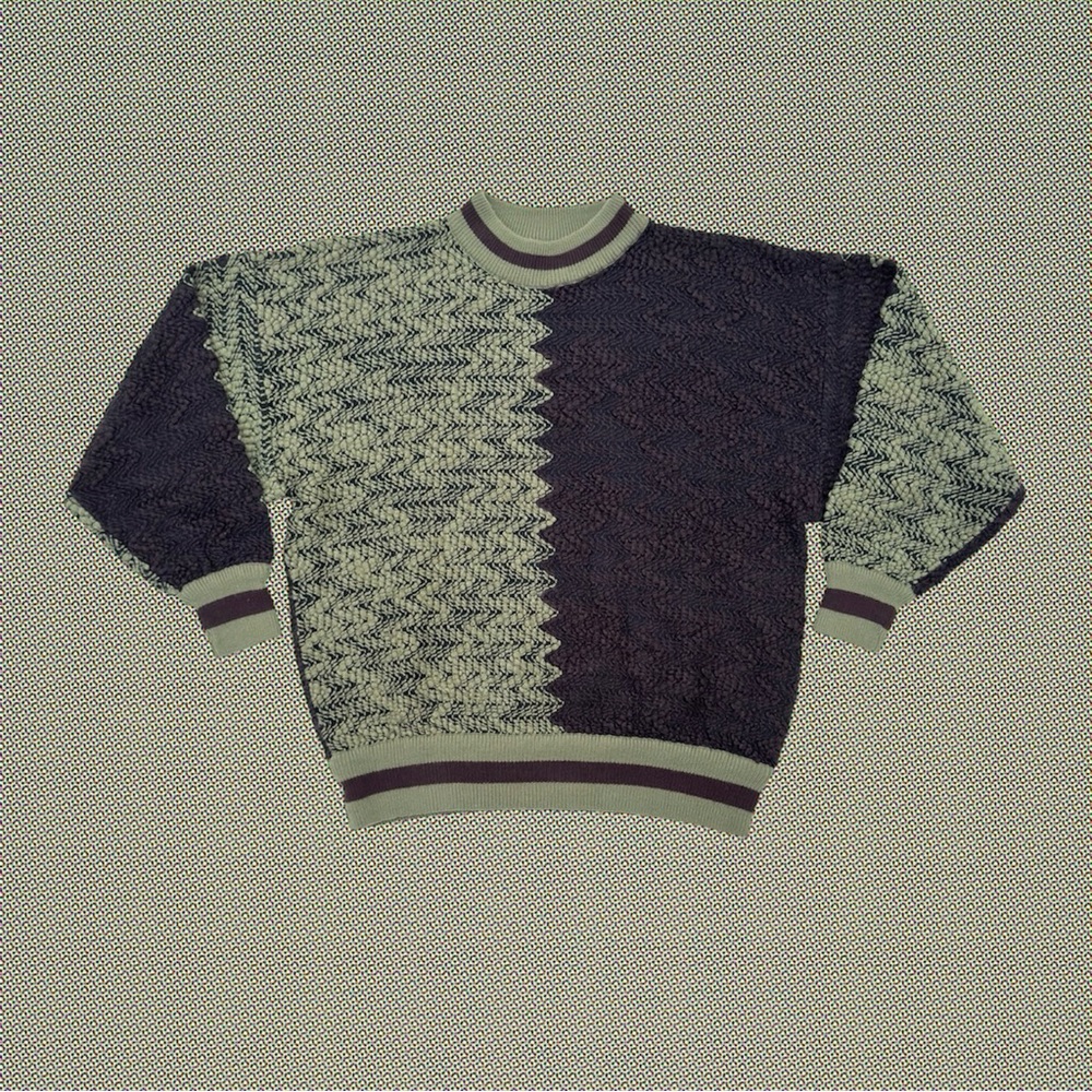 Vintage 90s Gabrielle Green Purple Black Textured Zig-Zag Pullover Fall Sweater